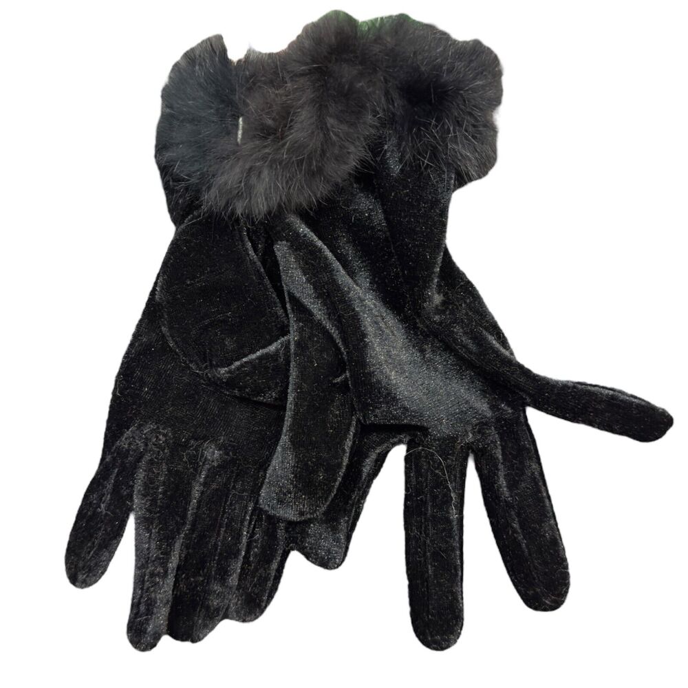 Womens Winter Warm Velveteen Soft Faux Fur Trimmed Wrist Gloves Black Solid